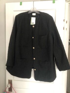 H&M Black Bouclé Button-Front blazer jacket with Gold Buttons XXL NWT new